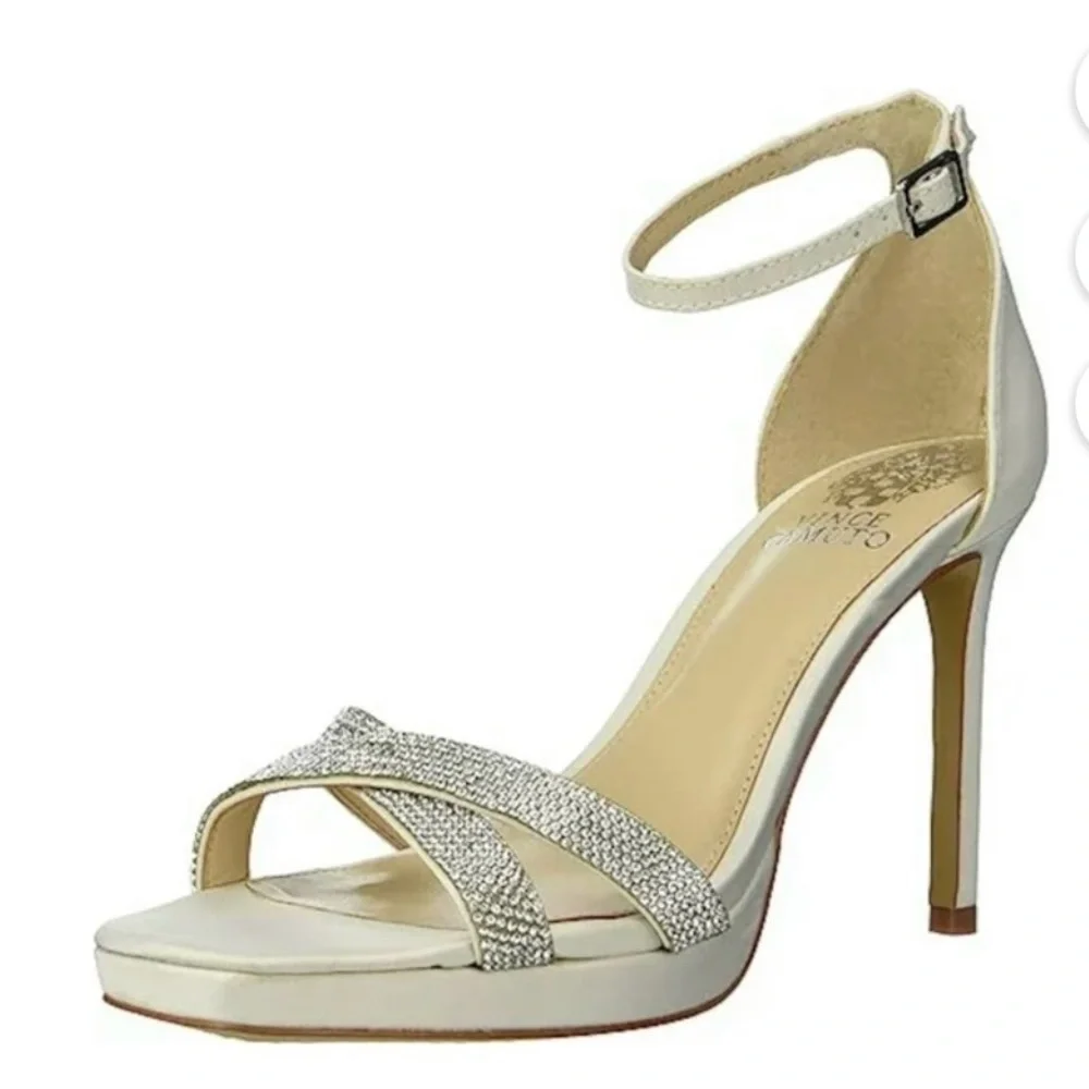 VINCE CAMUTO Kalvira Heel Satin Milk Ivory Stiletto Ankle Strap Size 9.5 NWT